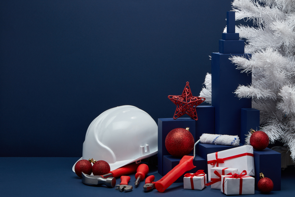 Construction,Tools,,Hard,Hat,,White,Fir,Tree,,Gift,Boxes,And